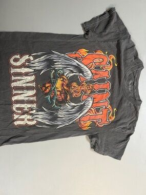 Popular Girl Saint Sinner Graphic Tee Women’s S Gray Y2K Grunge Shirt